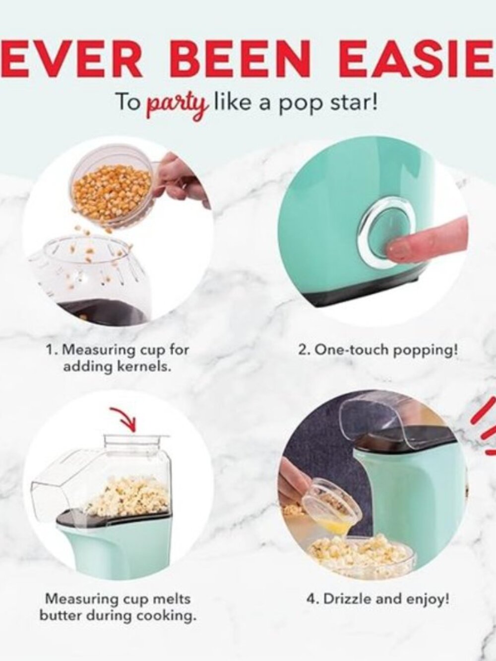 DASH Hot Air Popcorn Popper Maker with Measuring Cup 16 Cups- Aqua - Picture 8 of 8